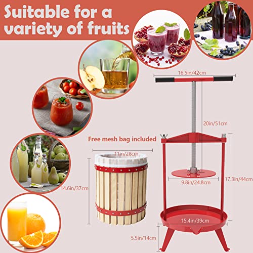 SQUEEZE master Fruit Wine Cider Press - Solid Wood Basket- 4.75 Gallon/18L-T Handle Bar-More Stable-Vintage traditional juicer,Apple Grape Fruit press for Juice Maker-1 free filter bag included(Red)