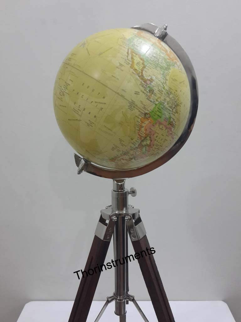 VINTAGE TABLE TOP GLOBE WITH BROWN TRIPOD STAND COLLECTABLE NAUTICAL Rustic Vintage Home Decor Gifts