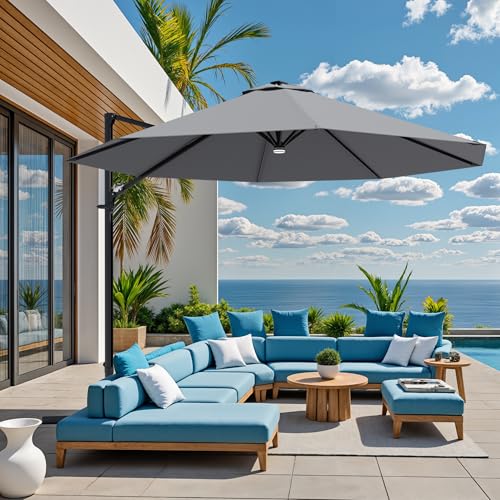 Image of Greesum 10FT Outdoor Patio Umbrella with High Pedel and 4 Gear Heights, Large Offset Umbrella with Solar LED Lights and 360-degree Rotation, Without Base, Hanging Outdoor Shade for Garden, Gray