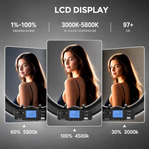 Image of 18 Inch Ring Light with Wall Mount Stand, Bi-Color LCD Display 55W 3000-5800K CRI≥97 Light Ring for Video Recording /Photography /Beauty Shop /Tattoo /Barber