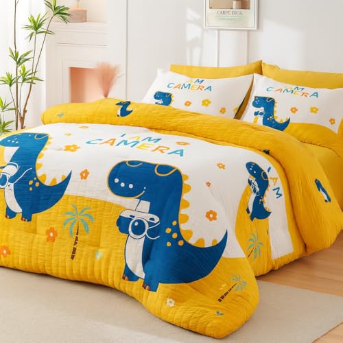 Image of 200 GSM 400 TC Kids Glace Cotton Reversible Cartoon Printed Double Bed King Size Comforter with Matching Bedsheet 90x100 Inches with 2 Pillow Covers Set of 4 Pieces- Blue Dinasour