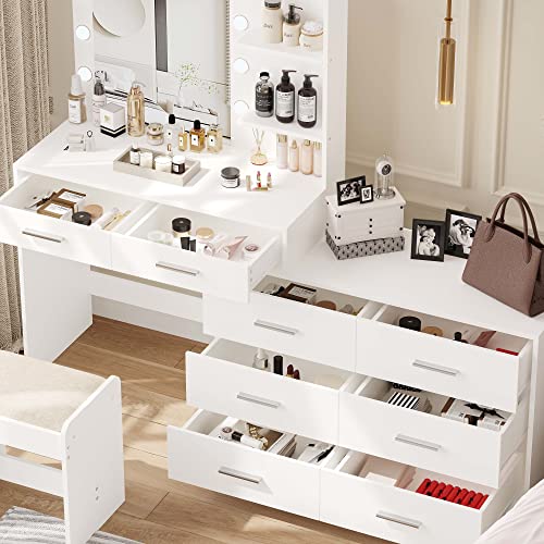 Rovaurx RSZT109WD 65 Inch W Makeup Vanity Set With Mirror And 3-Color Lights, Large Vanity Table With 8 Drawers & Side Storage Shelf, Adjustable Width, Bedroom Dressing Table With Stool, For Women, White Rszt109Wd thumb #1