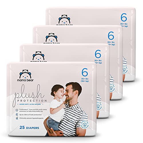 Amazon Brand - Mama Bear Plush Protection Diapers, Hypoallergenic, Size 6, 100 Count (4 Packs of 25), White and Cloud Dreams
