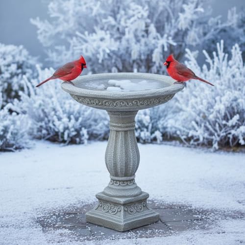 SunJet 23.8 Inch High Concrete Bird Bath with Carved Pedestal – Birdbath Sturdy & Elegant Design, Stone-Like Texture, Attracts Birds and Enhances Garden, Patio, Yard, Lawn Decor