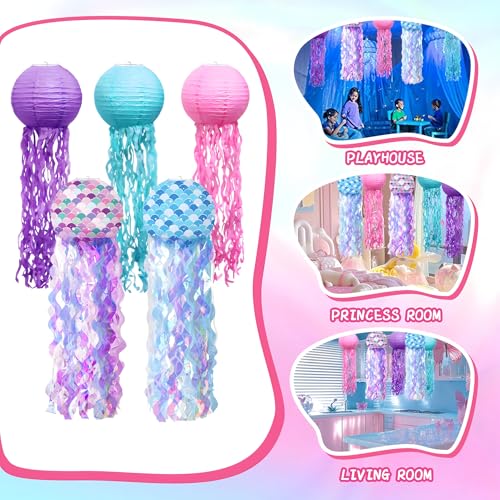 Image of 5pcs Colorful Hanging Jellyfish Paper Lanterns - Gradient Ocean-Themed Decor for Mermaid Party, Under The Sea Nursery Room, Wedding Birthday Party Decorations Pack Bulk