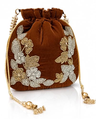 Image of Velvet Potli Bag with Golden & Silver Beaded Flower Embroidery - Handcrafted Ethnic Drawstring Bag for Weddings, Parties & Festive Gifts - Beaded Handle & Tassels for Women