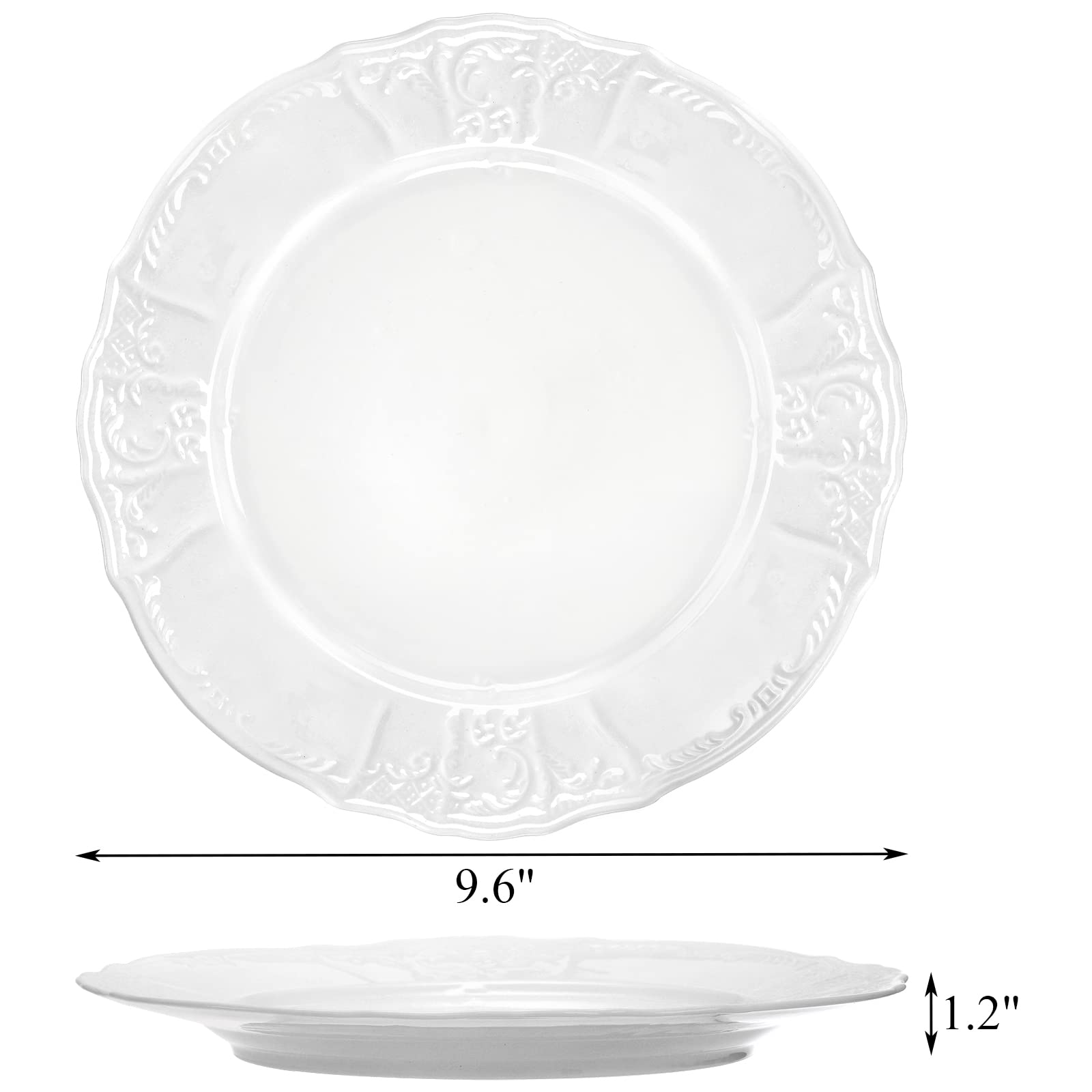 Hiceeden Set of 6 Bone China White Dinner Plates, 9.6 inch Porcelain Round Salad Dessert Plates, Serving Dish with Emboss and Floral Edge for Steak, Pasta, Appetizer, Microwave and Dishwasher Safe