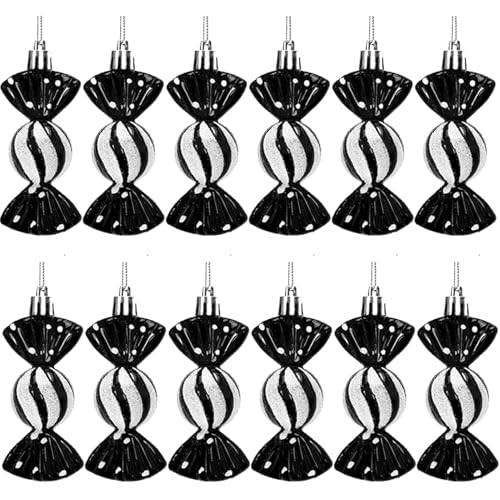 HERZONE 12 pezzi di decorazioni natalizie per albero di Natale, ciondoli di caramelle scintillanti, decorazioni natalizie dolci (nero)