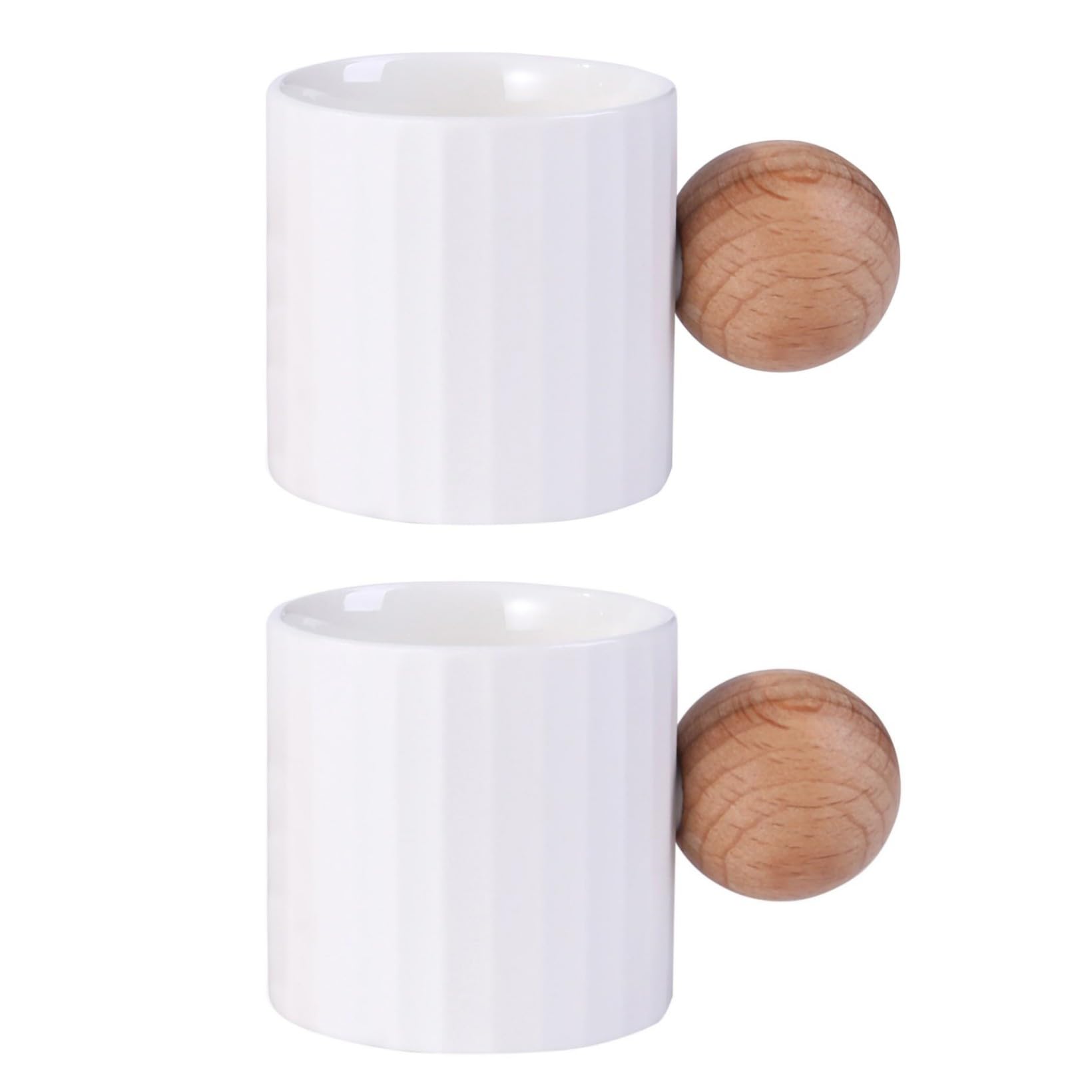 Espressotassen aus Keramik, 2er-Set, 57 ml, Mini-Espressotassen, runder Holzgriff, Streifen, Demitasse-Tassen für Tee oder Kaffee (2, weiß)