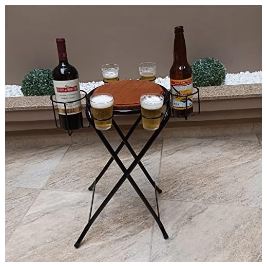 Mesinha petisqueira dobravél com local para 4 copos 2 garrafas e prato feita de ferro e madeira super resistente ideal para locais pequenos ou para levar para viagem