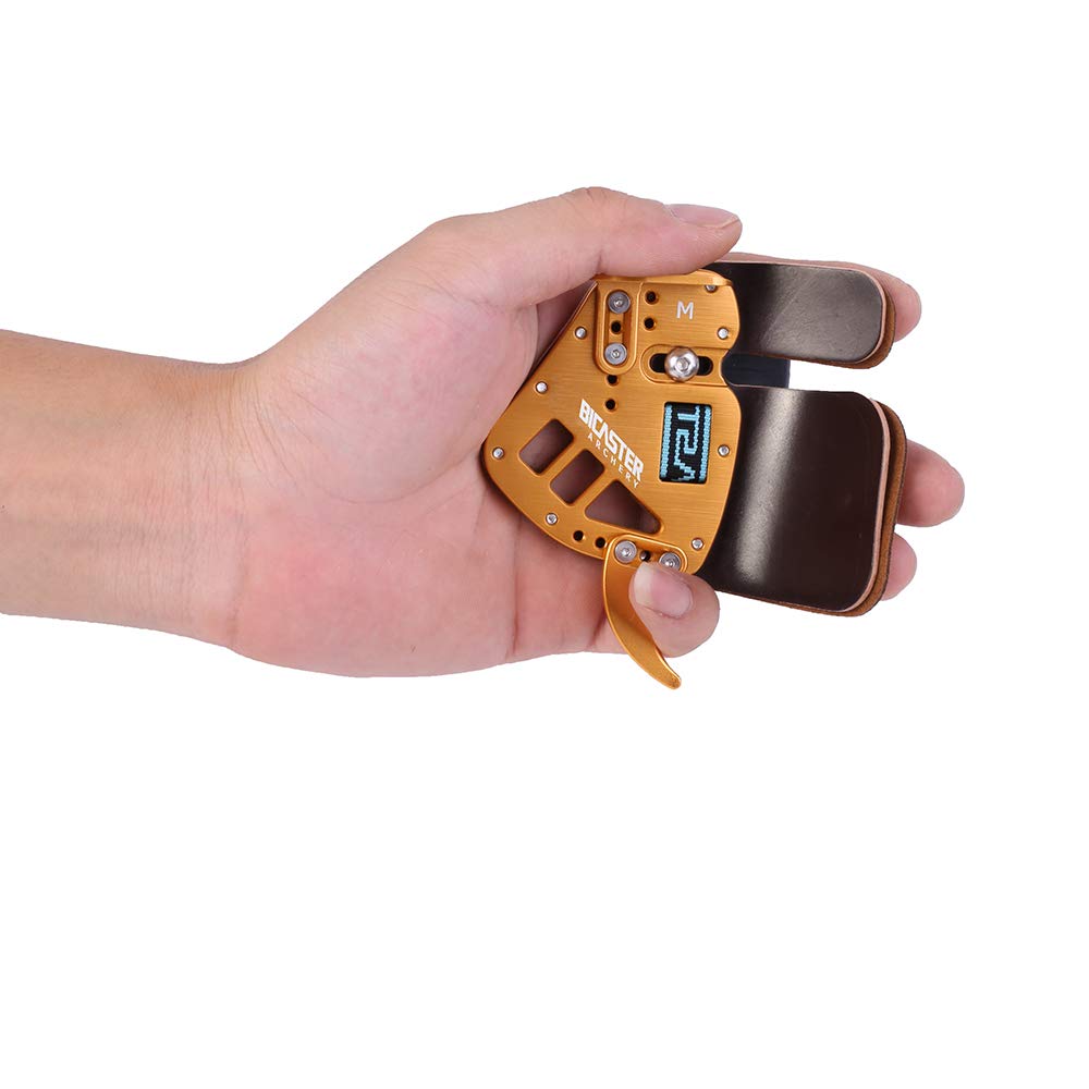 Bicaster Archery Finger Tab - Left Handed Genuine Leather + Aluminum Plate Adjustable for Recurve Bow L Gold