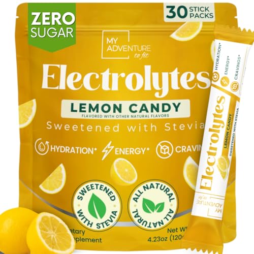 Zero Sugar Lemon Candy Electrolytes Sticks - Refreshing Hydration - Caffeine Free Energy with All Natural Ingredients - Vegan, Keto & Paleo - Sugar Free Electrolytes Powder Drink Mix - 30 Sticks