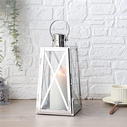 TRIROCKS 30 cm High Stainless Steel Decorative Lantern Metal Candle Holder with Clear Glass Panels Perfect for Home Decor Living Room Parties Events Tabletop Indoors Outdoors(Silver) - Image 2