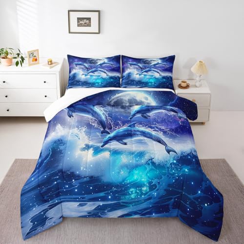 Castle Fairy Dolphin Jumping Bedding Set Queen Size Ocean Sea Wave Comforter for Child Toddler Teens Dreamy Moon Night Down Comforter Cute Marine Life Duvet Insert with 2 Pillowcases
