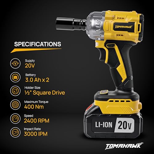 Image of Tomahawk TIS-699 Brushless Cordless Impact Wrench Kit, 400Nm High Torque, 1 /2 Inch Square Drive, 2x 3.0Ah Batteries, LED Light, Reverse Self Stop, Sockets, & Carry Case