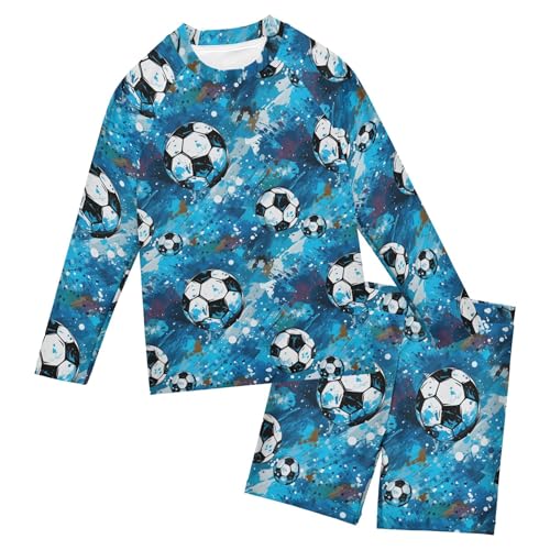 Football Soccer Sport Blue Boys Rash Guard Swimsuits Set for Boys Long Sleeve Swim Shirts Bathing Suits B0402950