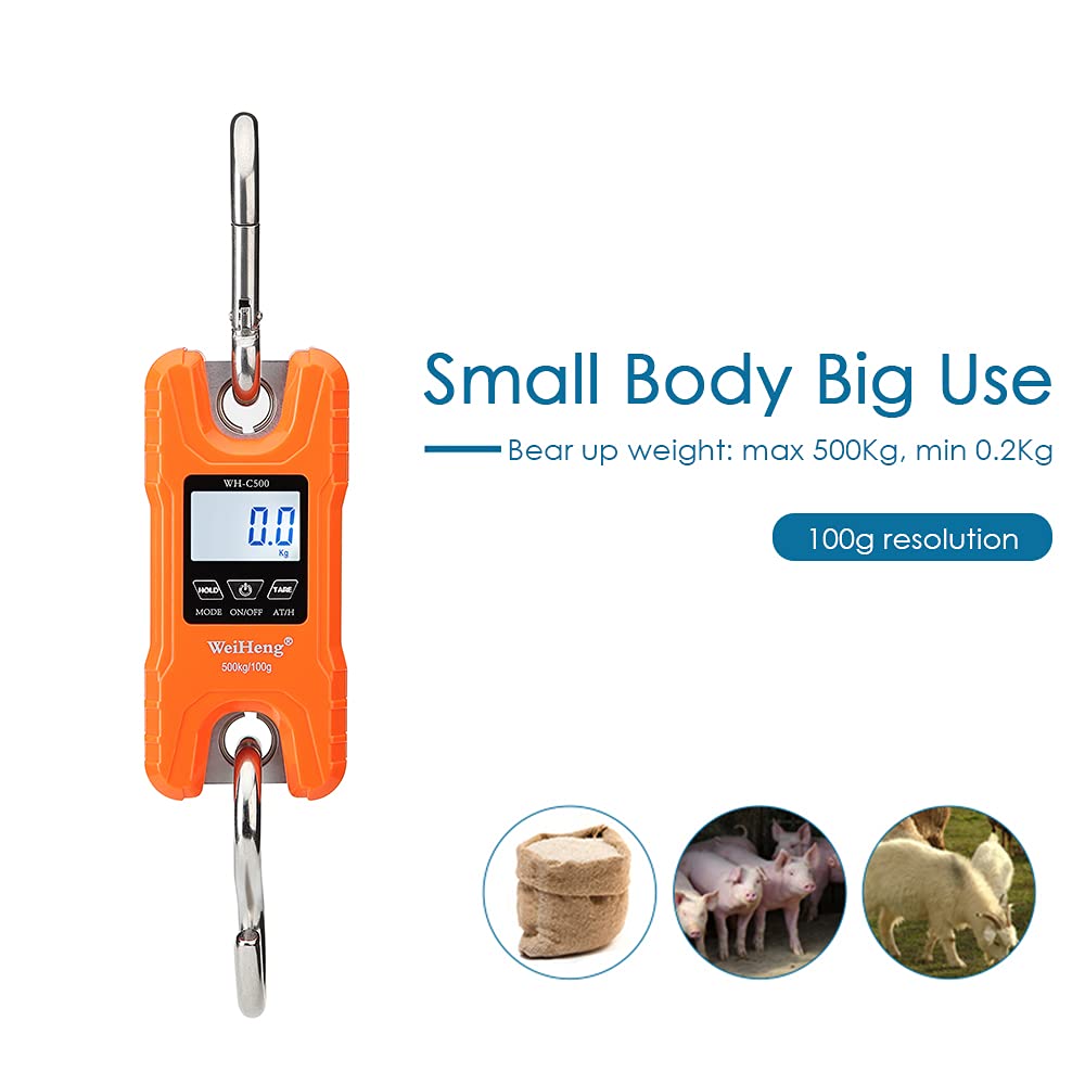 Escala Digital Báscula Digital para grúas de Trabajo Pesado Weiheng, 500 kg / 1102 lbs. Escala Multifuncional para Equipaje, con retroiluminación, Unidad LED, Kg/LB para la Pesca en el merca