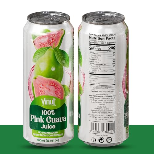 Image of VINUT 100% Pink Guava Juice, No Added Sugar, Not From Concentrate, 16.9 fl oz (500 mL) Can, Pack of 24
