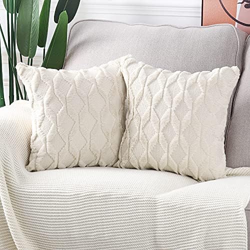 Madizz Set of 2 Soft Plush Short Wool Velvet Decorative Cushion Covers Luxury Style Throw Pillow Cases European Pillow Shell for Sofa Bedroom Square Beige 12x12 inch