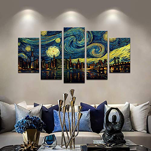 Biuteawal 5 Piece New York City Canvas Wall Art Manhattan Starry Night Skyline Painting Print On Canvas Modern Home Office Living Room Wall Decoration Gallery Wrapped 60X32Inch #TOP1