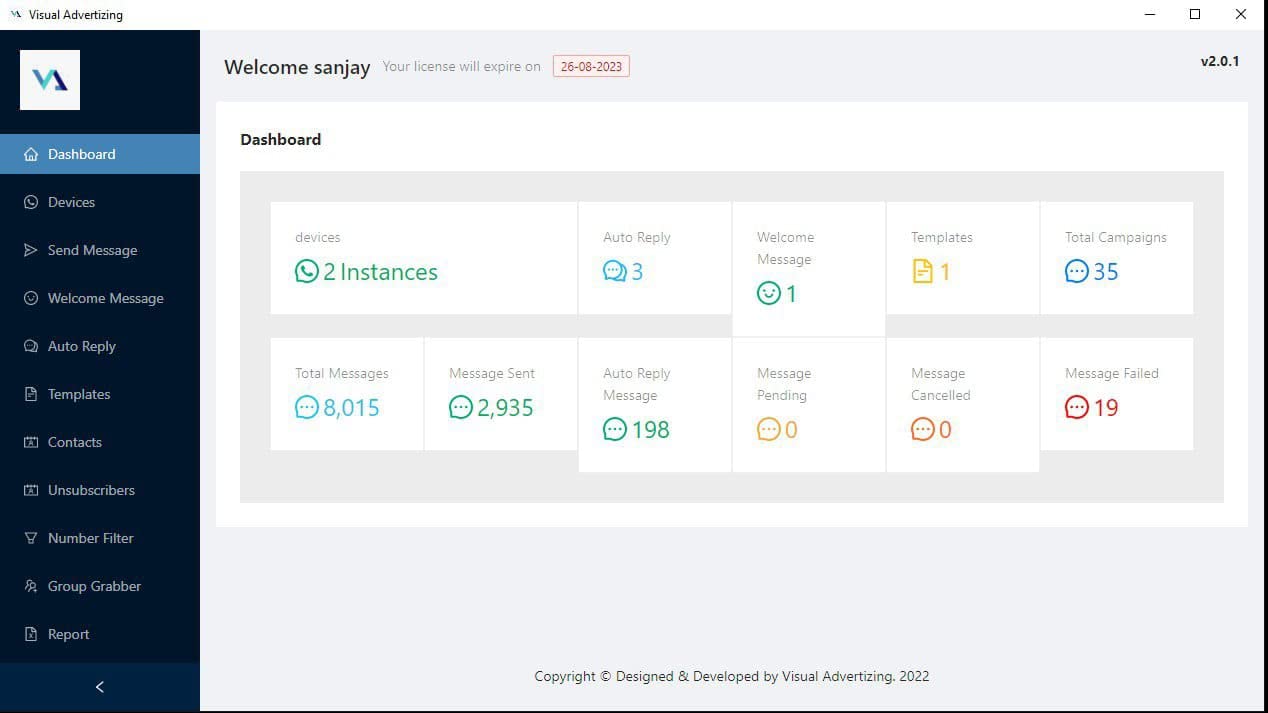 Visual Advertising WhatsApp Marketing software with Buttons-one month Validity-Single PC licence-Email Delivery in 10 minutes-24x7 Technical Support