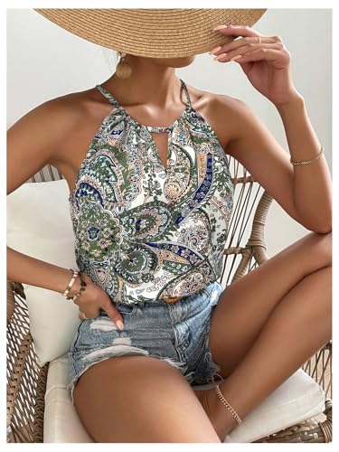 Image of RoseSeek Women's Boho Paisley Print Halter Tops Cut Out Going Out Tops