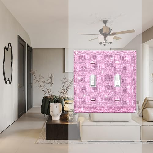 Image of Shiny Pink Rhinestones Wall Plate Cover Double Toggle Light Switch Cover Pink Rhinestones Outlet Covers Wall Plate 2 Gang Decorative