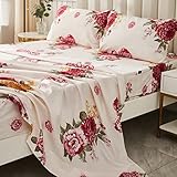 Red Rose Sheet Set Queen Size, Boho Floral Bedding Sheet, Shabby Chic Farmhouse Pastoral Style Sheet Set with 1 Deep Pocket Fitted Sheet & 1 Flat Sheet & 2 Pillowcases (Queen, Red)