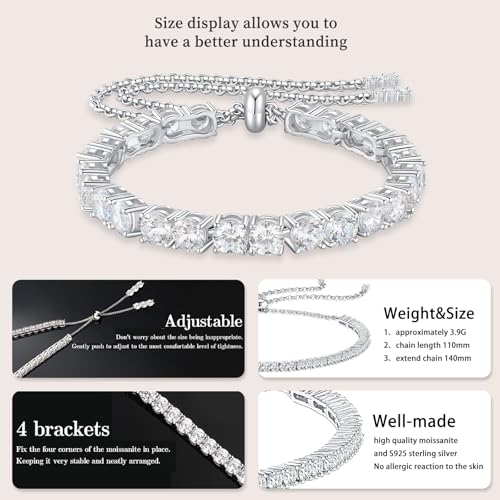 Moissanite Tennis Bracelet, 3MM-3.56Carats Diamond Adjustable Bracelet,18K White Gold Plated 925 Sterling Silver Hypoallergenic, Tennis Bracelet for Women.4