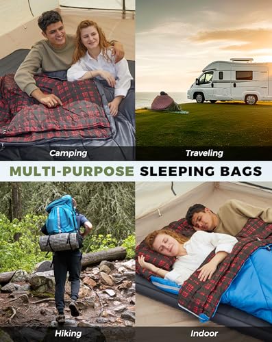 Image of KingCamp Double Sleeping Bag for Adults, Queen Size 2 Person XXL Flannel Sleeping Bag, Waterproof Lightweight Flannel Quilt with 2 Pillows, Perfect for Couples Family Camping Hiking