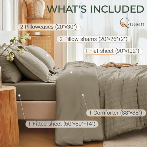 Image of MUXHOMO 7 Pieces Queen Comforter Set, Seersucker Bed in a Bag Queen Size, All Season Luxury Bedding Set with Comforter, Flat Sheet, Fitted Sheet, Pillowcases & Shams, Linen