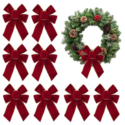 Ftuuo 8pcs Christmas Wreath Bows, Red Velvet Bow for Wreath Golden Edged Xmas Crafts Decorative Ornament Bow for Indoor Outdoor Christmas Wedding Holiday Party Decorations