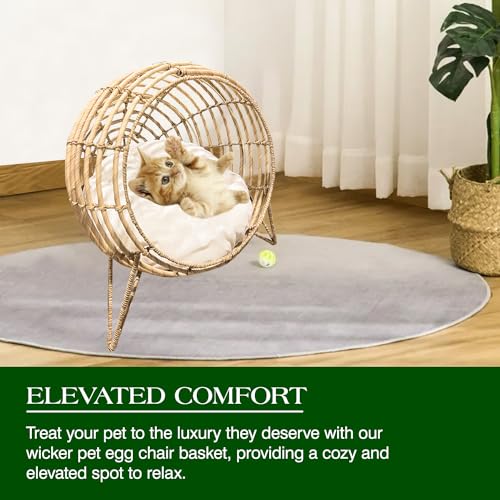 Handwoven Rattan Pet Lounge Chair with Plush Cushion - Luxury Indoor/Outdoor Nest for Cats and Small Dogs - Cozy Elevated Bed - Durable and Stylish Animal Lounger - Friendly Pet Furniture