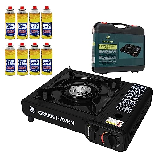 GREEN HAVEN Black Portable Camping Stove with Cary Case & 8 Butane Gas | Premium Camping Gas Stove |EN417 Compliant Camping Stove Gas Portable |Gas Camping Stove with Automatic Ignition & Heat Control