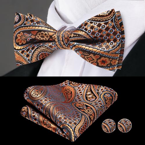 Image of Dubulle Mens Cummerbund and Bow Tie Set Paisley Floral Pretied Bowties for Men Pocket Square Cufflinks Wedding Business