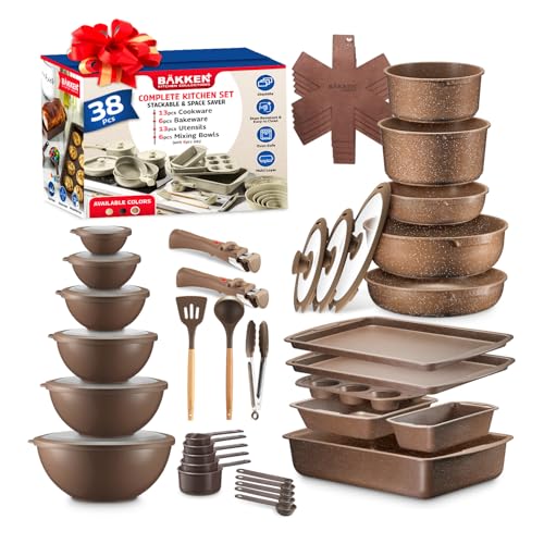Bakken-Master-38-Piece-Granite-Cookware-and-Bakeware-Set--Nonstick-Granite-Coating-Pots-and-Pans-with-Detachable-Handles-and-Tempered-Glass-Lids-6-piece-Bakeware-set-12-piece-Mixing-BowlsBrown Bakken Master 38 Piece Granite Cookware and Bakeware Set–Nonstick Granite Coating Pots and Pans with Detachable Handles and Tempered Glass Lids 6 piece Bakeware set 12 piece Mixing BowlsBrown