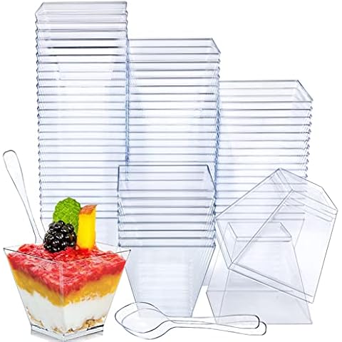 100 Pcs Mini Dessert Cups Square Cups with Spoons LONTOM Reusable Plastic Dessert Cups Set for Pudding Mousse Ice Iream, Transparent Parfait Appetizer Cups for Party Desserts Appetizers(2 oz/60 ml) Cover