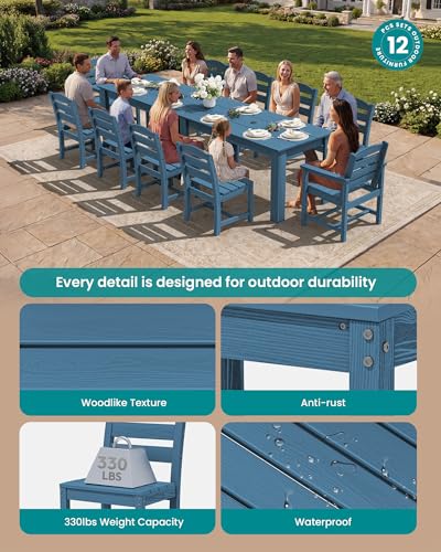 Image of SERWALL 59 inch HDPE Outdoor Dining Set for 10, w / 2 Tables & 10 Chairs, Blue | All Weather Resistant HDPE Dining Sets for Patio, Garden, Backyard