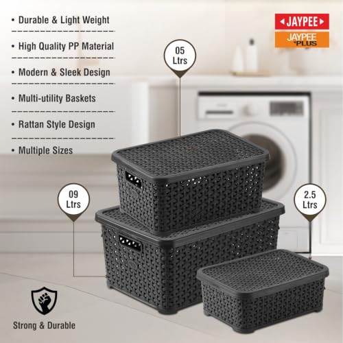 Image of Jaypee Plus Keep all 3 Plastic Storage Basket Organizers With Lid For Kitchen,Fridge, Office Wardrobe, Stationery, Household, Toys & Multipurpose use Pack of 3 Durable Box, Black