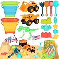 HUITEM Beach Sand Toys for Kids, 29PCS Sandbox Toys with 2 Collapsible Bucket Sand, 2 Dump Truck, Dinosaur Molds, Castle Building Kit, Shovel Sieve,Flags,Mesh Bag Travel Beach Toys for Toddler 3-10