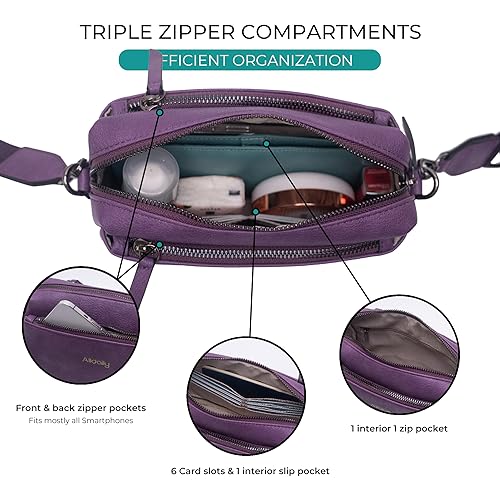 Image of Alldaily Small Triple Zip Crossbody Purse for Women, Vegan Leather Phone Bag with Wide Shoulder Strap