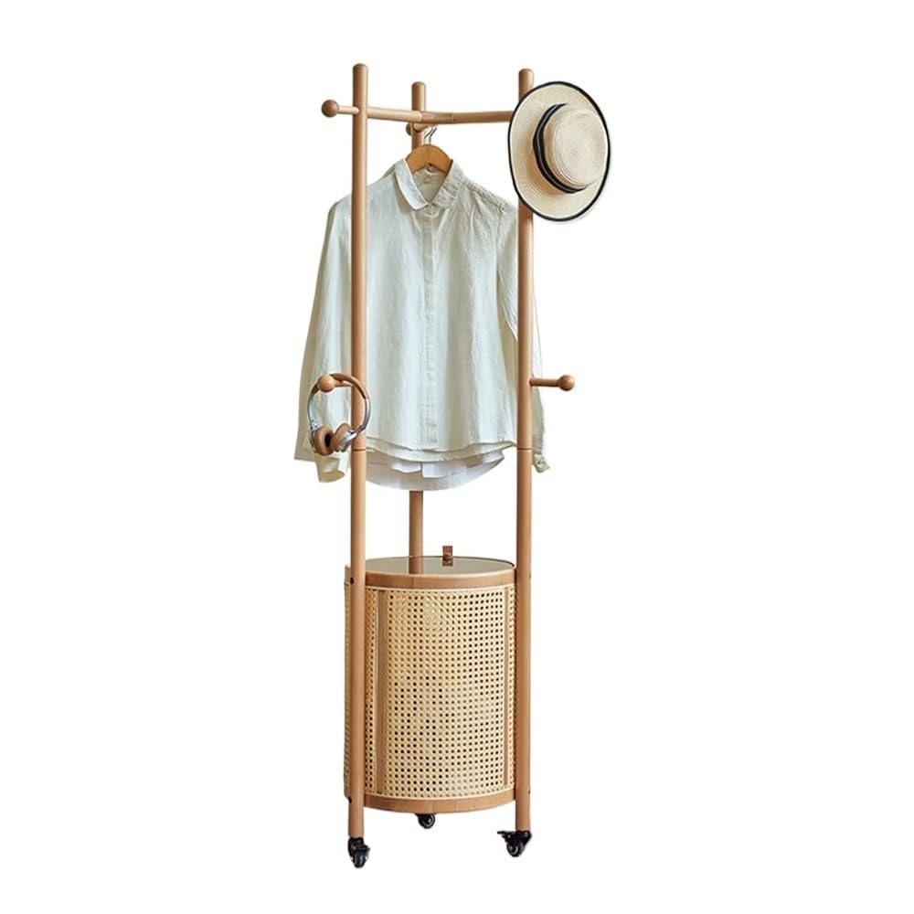 DFHS46JK Hat Rack Solid Wood Coat Rack Household Movable Clothes Round Rattan Dirty Basket Bedroom Floor-standing for Office(Wood Color)