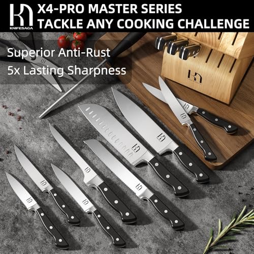 Image of Knife Set, 15 Pcs Kitchen Knife Block Set, Enduring Razor-Sharp Japanese High Carbon Stainless Steel Chef Knife Set with Block and Sharpener, Premium Knives Set for Kitchen, Black Natural Wood