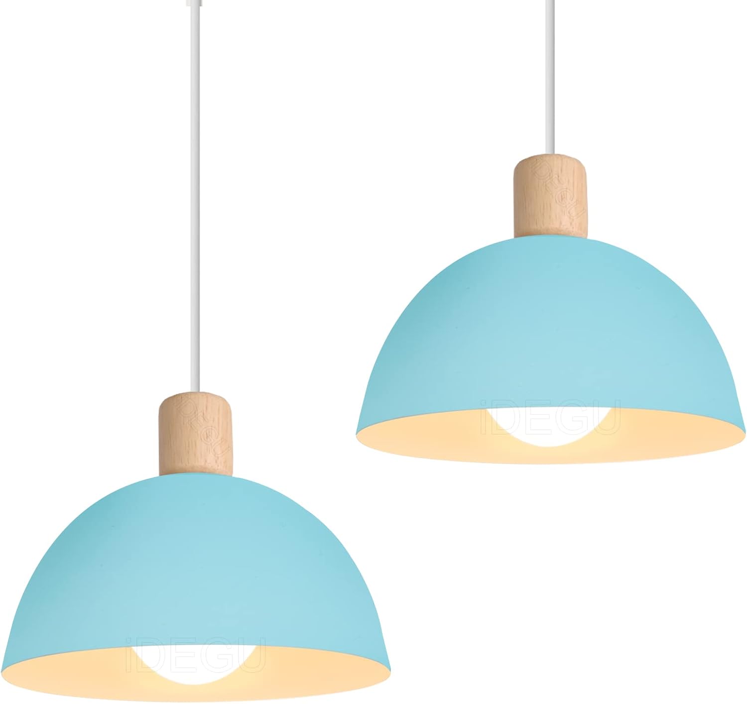 iDEGU 2 Piezas Lámparas de Techo Moderna, 20CM LED Lámpara Colgante en Hierro y Madera Estilo Escandinavo Iluminación E27 Retro Luz de Techo Interior para Dormitorio Comedor Sala de Estar (# Azul)