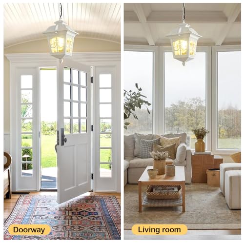 White Outdoor Pendant Light for Foyer Porch Patio Entryway Entrance, Large Aluminum Waterproof Exterior Hanging Lantern Light Outside Chandelier Light with Adjustable Chain(1 Pack)