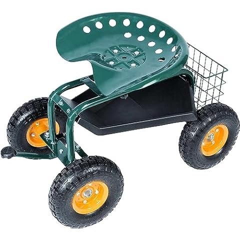 KARMAS PRODUCT Steerable Rolling Work Seat Garden Stool Cart with Tool Tray and Storage Basket Heavy Duty Scooter Green Cover