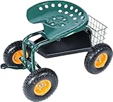 KARMAS PRODUCT Steerable Rolling Work Seat Garden Stool Cart with Tool Tray and Storage Basket Heavy Duty Scooter Green