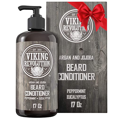 Viking Revolution Beard Conditioner w/Argan & Jojoba Oils - Softens & Strengthens - Natural Peppermint and Eucalyptus Scent- Beard Conditioner w/Beard Oil (17oz Conditioner)