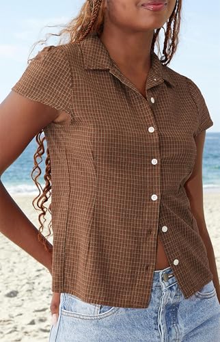 Image of Y2k Girls Vintage Coquette Button Down Shirt Women Short Sleeve V-Neck Slim Fitted T-Shirt Cute Blouse Crop Top