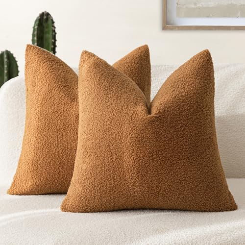 Image of Foindtower Pack of 2, Curly Faux Fur Decorative Throw Pillow Covers Soft Fuzzy Plush Cushion Case with Zipper Cozy Pillowcase for Home Living Room Couch Bed Sofa 18 x 18 Inch, Bronze